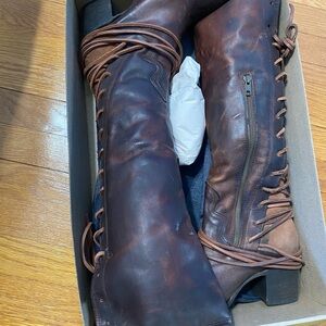 Brown Leather Lace-Up Knee-High Boots